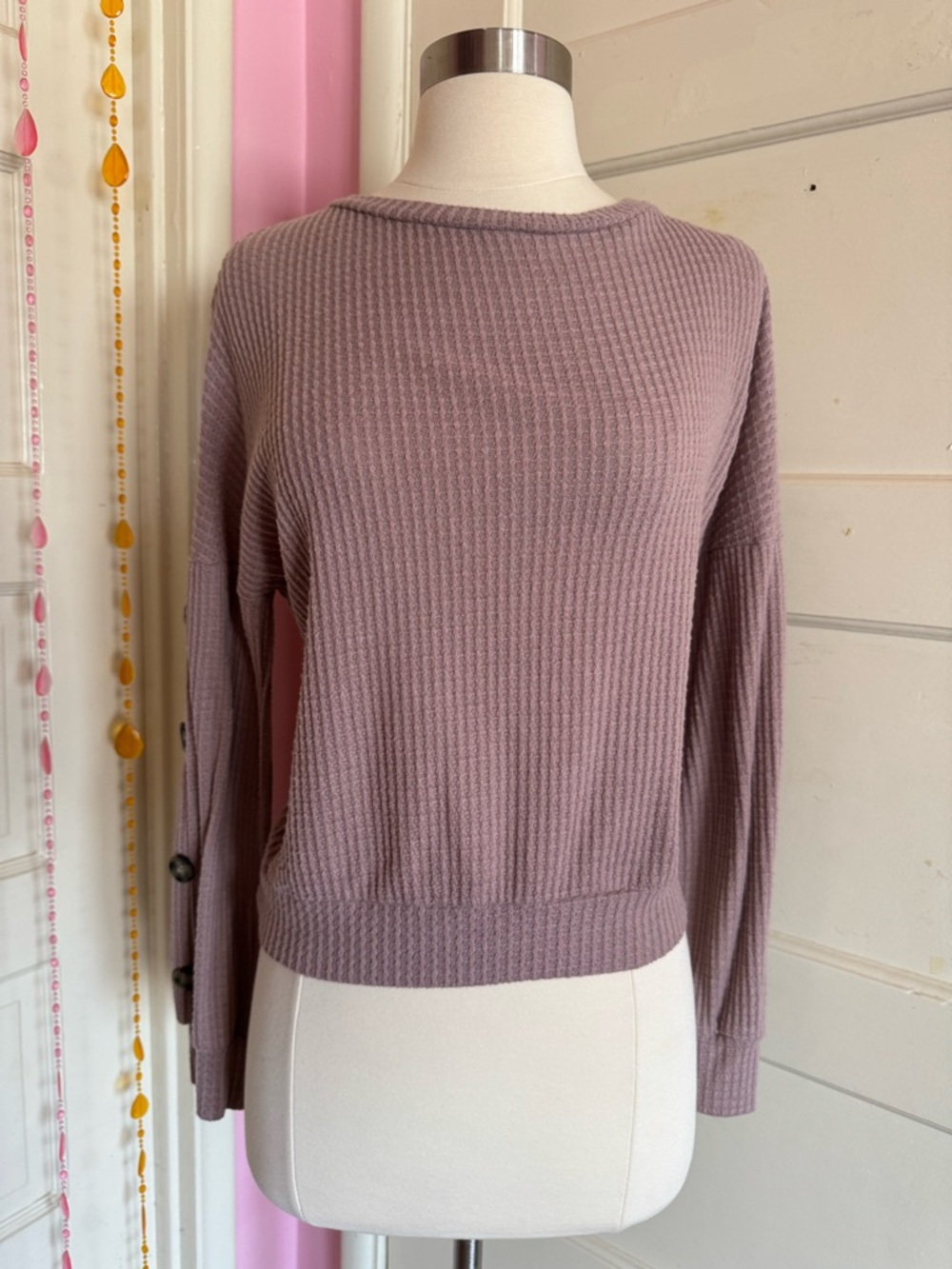 Paperoc Mauve Waffle Knit Thermal Crop Top Button Sleeve M